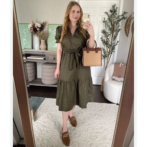 Free Assembly Olive Green Tiered Dress Size XL missing Belt 100%‎ Cotton V Neck